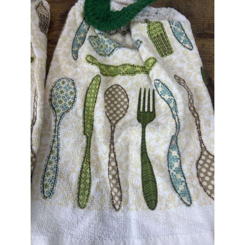 Set Of 2 Hanging Kitchen Towels Crochet Top Spoon Fork Farmhouse Decor Rustic - Picture 4 of 15